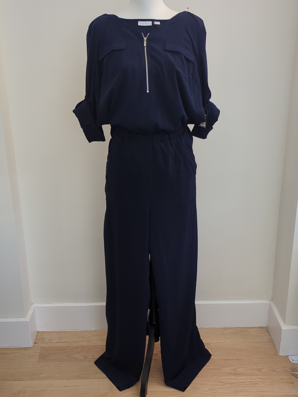 NWT New York & Company Utility Style Navy Zip-Front Blouson Wide Leg Jumpsuit - Picture 1 of 10